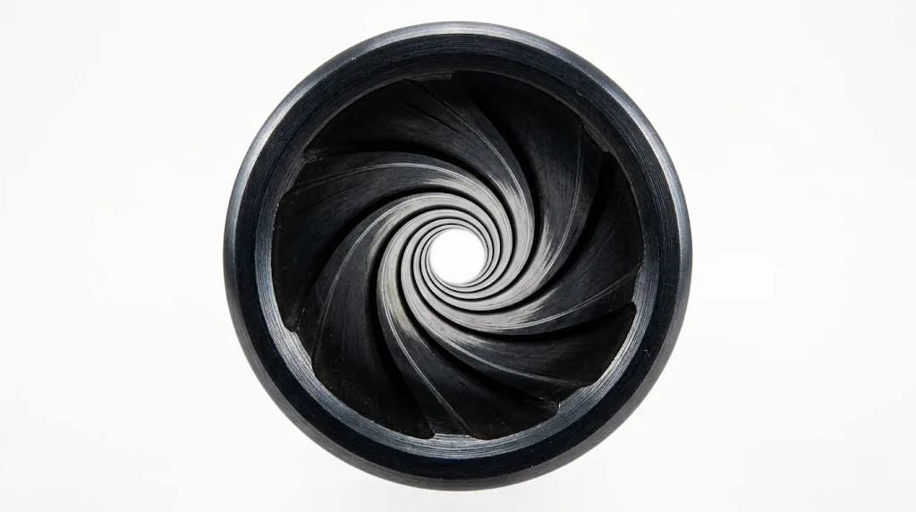 Vue en enfilade à l'intérieur d'un canon de carabine montrant les rayures hélicoïdales qui tournent en spirale le long de la paroi.