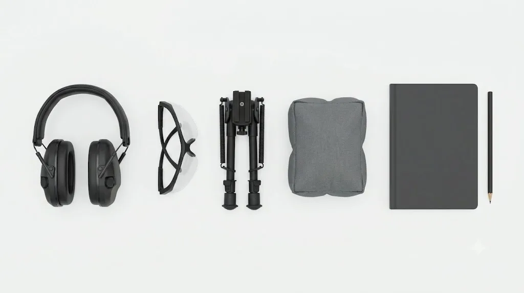Équipement de tir sportif disposé à plat : casque anti-bruit, lunettes de protection, bipied replié, sac de tir, carnet et crayon.