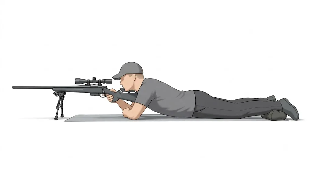 Tireur sportif en position couchée vu de profil, corps aligné derrière la carabine, coudes au sol, joue posée sur la crosse, arme sur bipied et sac arrière.