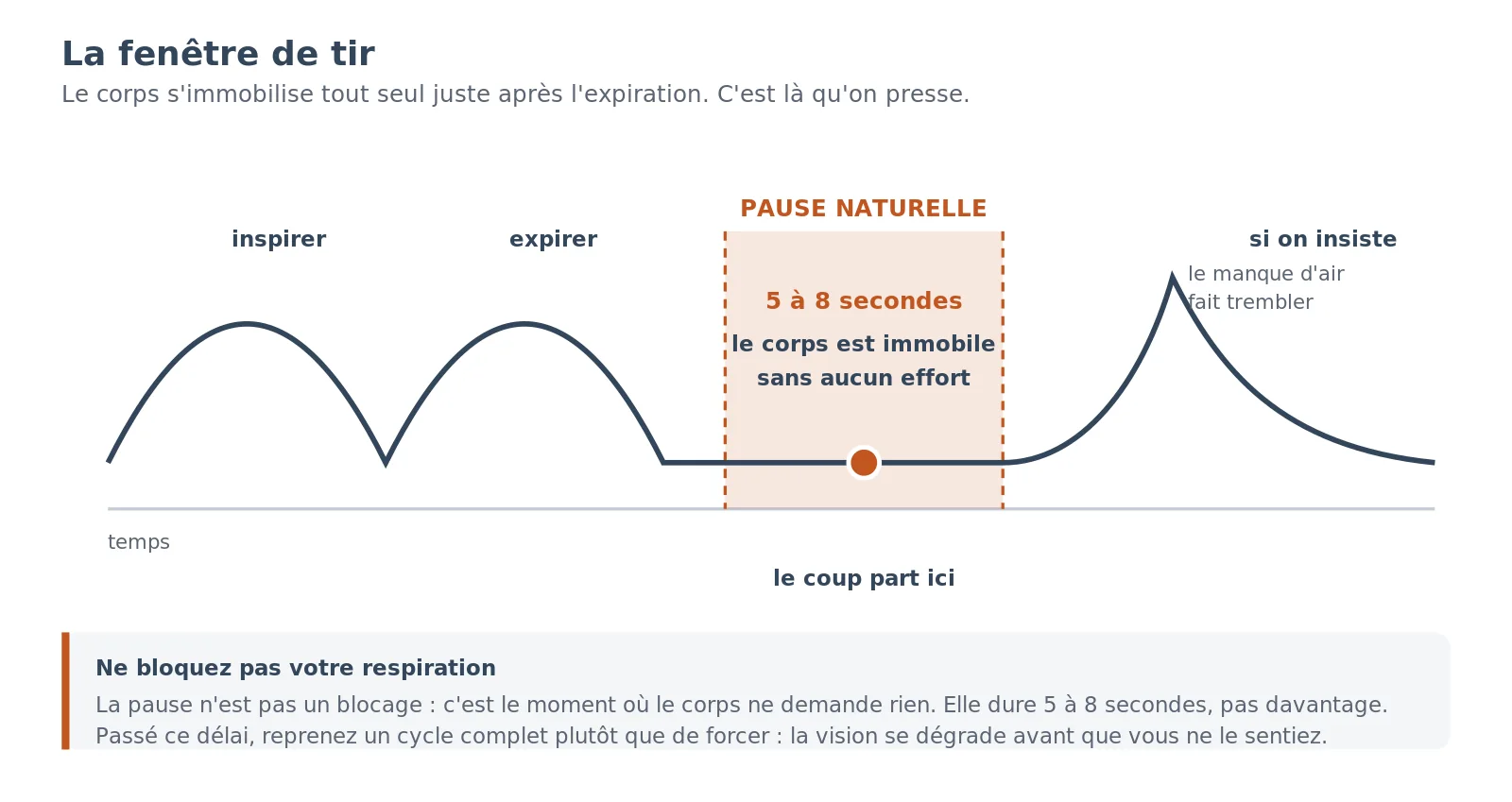 Courbe du cycle respiratoire montrant la pause naturelle de cinq à huit secondes après l'expiration, surlignée en orange, pendant laquelle le corps est immobile sans effort et où le coup doit partir.